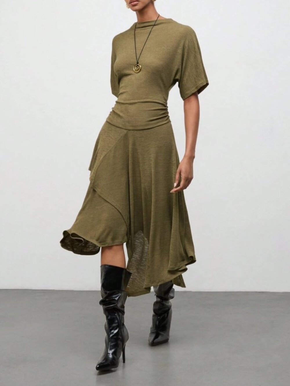 Olive Green Knit Asymmetric Hem Midi Dress